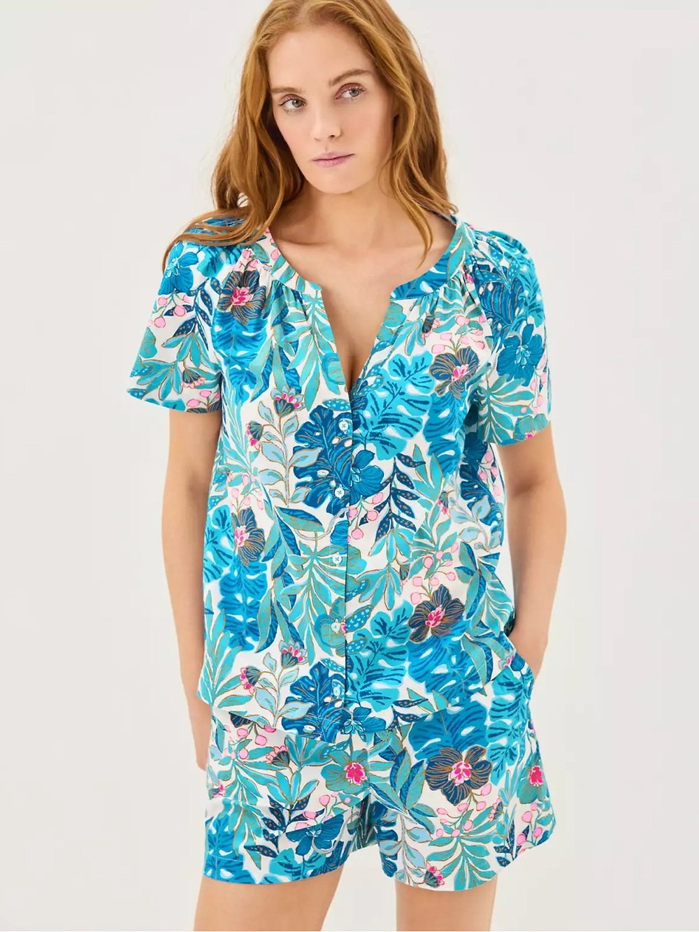Lilly Pulitzer Darcey Woven Pajamas Top & Shorts - Aqua Best Fronds Cotton SMALL